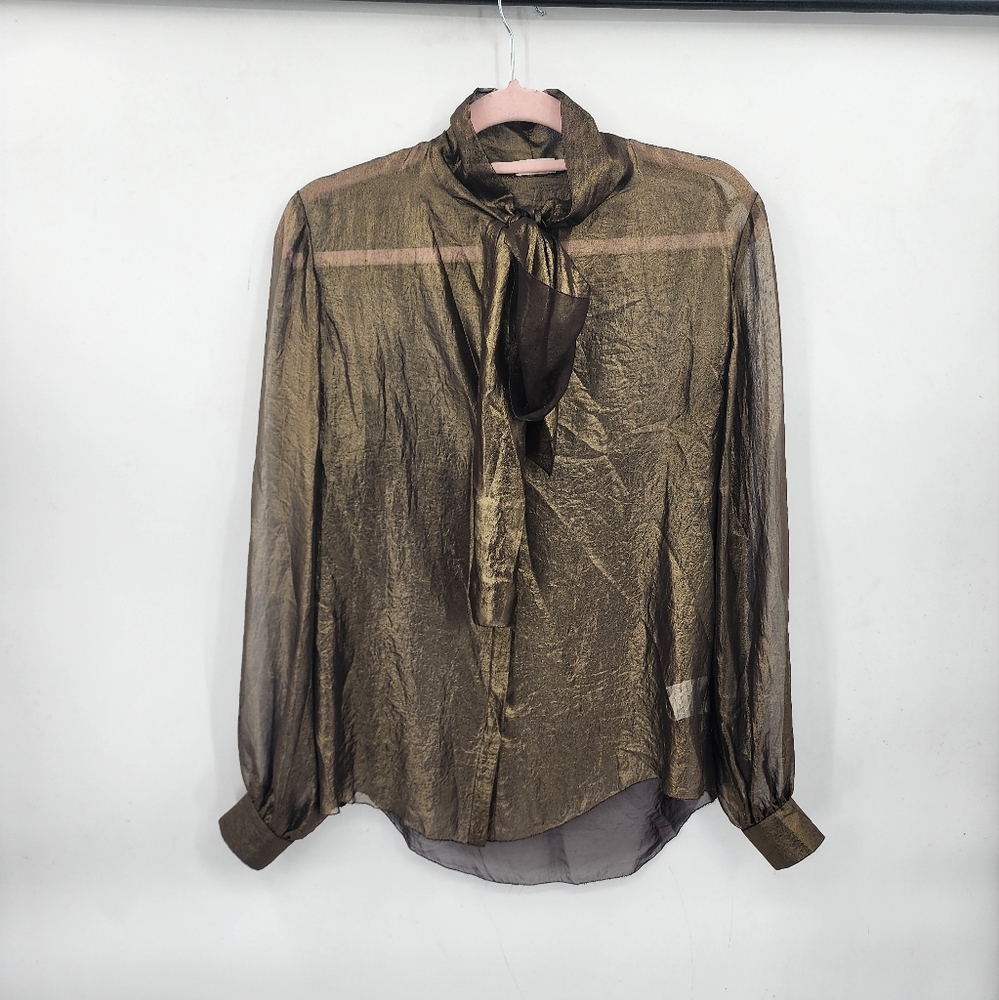 L'AGENCE Gold Metallic Shimmer Sheer Tie Neck Women M Button Front Blouse
